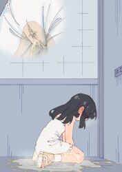 1girl absurdres black_hair blush commentary_request dress embarrassed flat_chest have_to_pee highres large_variant_set long_hair multiple_views original pee pee_stain peeing peeing_self rune_(dualhart) sandals sitting toes variant_set wariza white_dress white_sandals