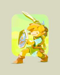 1boy blonde_hair blue_shirt boots brown_boots brown_eyes brown_gloves gloves hair_behind_ear highres holding holding_shield holding_sword holding_weapon hylian_shield link male_focus master_sword nintendo pants pointy_ears shield shirt solo spec_(nick) sword the_legend_of_zelda the_legend_of_zelda:_breath_of_the_wild weapon white_pants