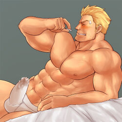 1boy abs bandaid bandaid_on_face bara bare_pectorals beard_stubble biceps blonde_hair blush bulge cid_highwind cigarette clenched_teeth closed_mouth commentary_request covered_testicles cum cum_in_clothes cum_through_clothes erection erection_under_clothes facial_hair final_fantasy final_fantasy_vii holding holding_cigarette lying magnum_feering male_focus male_underwear muscular muscular_male navel nipples on_bed on_side pectorals stubble swept_bangs teeth underwear white_male_underwear