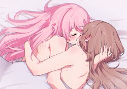 2girls back bang_dream! bang_dream!_it&#039;s_mygo!!!!! bed_sheet blush brown_hair chihaya_anon chromatic_aberration closed_eyes commentary_request hand_in_another&#039;s_hair heart hickey highres hug kiss long_hair lying median_furrow meu203 multiple_girls nagasaki_soyo nude on_side pink_hair scratches shoulder_blades sweat under_covers yuri