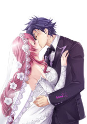 1boy 1girl absurdres artist_name backless_dress backless_outfit bare_shoulders black_bow black_bowtie black_hair bow bowtie braid breasts bridal_veil bride closed_eyes commentary commission curtained_hair detached_sleeves dress eiyuu_densetsu emma_millstein english_commentary french_kiss groom hair_between_eyes highres hug iwonn_(pixiv943160) kiss large_breasts parted_bangs pink_hair rean_schwarzer sen_no_kiseki_(series) short_hair sideburns simple_background single_braid strapless strapless_dress traditional_bowtie tuxedo veil wedding_dress white_background white_dress