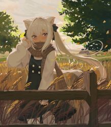 1girl absurdres animal_ear_fluff animal_ears black_bow black_dress blush bow buttons cat_ears day dot_nose double-breasted dress falling_leaves farm fence hair_between_eyes hair_bow hair_intakes hand_in_own_hair highres kgt_(pixiv12957613) leaf long_hair long_sleeves original parted_lips plaid_clothes plaid_scarf plant puffy_sleeves purple_eyes scarf scenery shirt sky sleeveless sleeveless_dress solo standing thighhighs tree twintails wheat white_hair white_shirt white_thighhighs wind wooden_fence