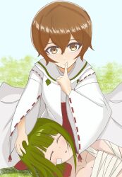 Rule 34 | 2girls, absurdres, bandage on face, bandages, bandaid, bandaid on cheek, bandaid on face, blunt bangs, breasts, brown eyes, brown hair, closed eyes, closed mouth, collarbone, finger to mouth, fujimori mito, green hair, hair between eyes, hakama, hand on another&#039;s head, highres, index finger raised, japanese clothes, lap pillow, long sleeves, looking at viewer, lying, miko, multiple girls, nogi wakaba wa yuusha de aru, open mouth, qtjnzmsd67dxfa7, red hakama, ribbon-trimmed sleeves, ribbon trim, sarashi, shiratori utano, short hair, shushing, sitting, skirt, sleeping, sleeping on person, smile, wide sleeves, yuri, yuusha de aru