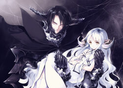 1boy 1girl armor black_cape black_hair black_vs_white breasts cape carrying commentary_request dress expressionless fantasy grey_eyes horns knight long_hair looking_at_viewer original princess_carry small_breasts sumi_keiichi very_long_hair wavy_hair white_dress white_hair wrist_cuffs yellow_eyes