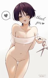 1boy absurdres akumana androgynous bishounen black_nails blush commentary crop_top cuntboy english_commentary english_text genshin_impact heart highres holding holding_scissors looking_at_viewer male_focus navel nipples off-shoulder_shirt off_shoulder piercing purple_eyes purple_hair pussy scaramouche_(genshin_impact) scissors see-through_clothes see-through_shirt shirt short_hair simple_background solo spoken_heart sweat thank_you tongue tongue_out tongue_piercing trap variant_set white_background white_shirt