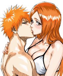 1boy 1girl bleach breasts inoue_orihime kiss kurosaki_ichigo large_breasts long_hair orange_hair short_hair tagme