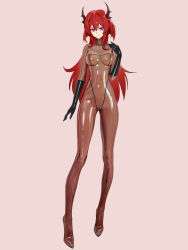 absurdres arknights black_gloves bodysuit breasts covered_erect_nipples covered_navel elbow_gloves fridgephone gloves high_heels highres horns impossible_bodysuit impossible_clothes latex latex_bodysuit long_hair looking_at_viewer medium_breasts red_hair skin_tight smile surtr_(arknights) very_long_hair