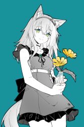 1girl animal_ear_fluff animal_ears aqua_background aqua_eyes arknights bare_shoulders chinese_commentary choker closed_mouth collarbone commentary_request cowboy_shot dress flower flower_pot frilled_dress frills hairband highres holding holding_flower_pot looking_at_viewer medium_hair multicolored_eyes neck_ribbon official_alternate_costume partial_commentary partially_colored piaoliu_ping_ping_ping_pingzi podenco_(arknights) podenco_(wake_up_from_a_nap)_(arknights) ribbon short_dress simple_background sleeveless sleeveless_dress smile solo split_mouth standing tail two-tone_eyes yellow_eyes yellow_flower