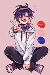 1boy black_hair blush closed_eyes collared_shirt dot_nose fang hairband highres hood hoodie jojo_no_kimyou_na_bouken male_focus mikage_kazuki narancia_ghirga open_mouth pale_skin pants shirt shoes sitting smile sneakers solo track_pants v vento_aureo