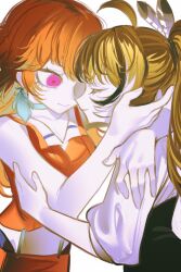 2girls absurdres ahoge arm_around_neck black_hair brown_hair collarbone earrings feather_hair_ornament feathers gradient_hair hair_ornament hair_tie highres hololive hololive_english hug jewelry long_hair multicolored_hair multiple_girls nanashi_mumei orange_hair orange_vest ponytail pungson_mori purple_eyes shirt streaked_hair suspenders takanashi_kiara takanashi_kiara_(1st_costume) vest virtual_youtuber white_background white_shirt