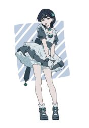 1girl black_dress black_hair blue_eyes bow dress frills full_body hair_ornament highres looking_at_viewer maid original paoz003 puffy_short_sleeves puffy_sleeves shoes short_hair short_sleeves solo standing