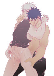 Rule 34 | 2boys, anal, black hair, bottomless, couple, cum, cum on body, ejaculation, erection, grey hair, hatake kakashi, implied sex, male focus, mole, mole under mouth, multiple boys, naruto (series), naruto shippuuden, navel, ppposter, short hair, spiked hair, testicles, topless male, uchiha obito, yaoi