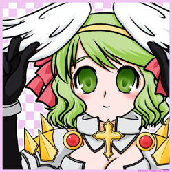 1girl armor bikini_armor black_gloves blush bow breasts checkered_background cleavage closed_mouth commentary_request feathered_wings gloves green_eyes green_hair hair_bow hairband head_wings looking_at_viewer lowres medium_breasts pink_background ragnarok_online red_bow rune_knight_(ragnarok_online) short_hair smile solo spiked_pauldrons upper_body white_background white_wings wings yazawa_kazuki yellow_hairband