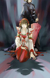blue_eyes blunt_bangs braid breasts brown_hair cleavage detached_sleeves eyeliner hair_ribbon hairband hakama japanese_clothes kimono kneeling lips lipstick long_skirt long_sleeves makeup miko obi okuni parasol platform_sandals ribbon sandals sash sengoku_musou shadow skirt smile swept_bangs tabi tarima twin_braids umbrella