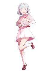 1girl :d blue_eyes bow brown_shoes grey_hair highres long_sleeves mary_janes open_mouth original pink_bow plaid_clothes plaid_skirt pleated_skirt senryoko shoes short_hair skirt smile socks standing standing_on_one_leg transparent_background white_socks