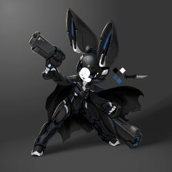 1boy 2007 absurdres animal_ears azure_the_robot_rabbit black_skin blue_eyes chinese_commentary colored_skin commentary electric_hearts english_commentary furry furry_male gun highres holding holding_cannon holding_gun holding_weapon joints krita_(medium) mechanical_arms mechanical_hands mechanical_legs muscular muscular_male original rabbit rabbit_ears rabbit_tail robot robot_joints simple_background tail three_quarter_view tsurime tyson_tan weapon
