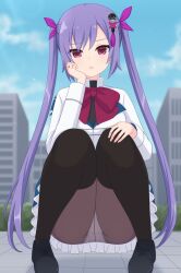 1girl absurdres assault_lily black_shirt black_shoes black_thighhighs blue_sky blurry blurry_background blush bow bowtie breasts brown_pantyhose building city cloud commentary_request crotch_seam day feet_out_of_frame hair_ornament hair_ribbon hand_on_own_cheek hand_on_own_face hand_on_own_knee hands_up haniwa_(kiminozorazio) herensuge_girls_academy_school_uniform highres jacket jewelry knees_together_feet_apart loafers long_hair long_sleeves looking_at_viewer matsumura_fuuka medium_breasts outdoors panties panties_under_pantyhose pantyhose parted_lips pink_eyes pink_ribbon purple_hair red_bow red_bowtie ribbon ring school_uniform shirt shoes sky solo squatting tassel tassel_hair_ornament thighhighs thighhighs_over_pantyhose twintails underwear very_long_hair white_jacket white_panties