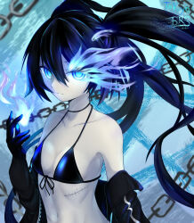 Rule 34 | 1girl, bikini, black choker, black coat, black gloves, black hair, black rock shooter, black rock shooter (character), blue eyes, blue fire, choker, coat, fire, flaming eye, gloves, highres, long hair, no shirt, pale skin, scar, swimsuit, tokyo (1421), twintails, uneven twintails