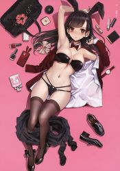 1girl absurdres animal_ears armpits arms_up bag bare_arms bare_shoulders bikini black_bikini black_hair black_shoes black_skirt blush bow bowtie breasts brown_eyes brown_thighhighs cellphone cleavage covered_navel detached_collar duffel_bag fake_animal_ears from_above frown groin hairband highres jacket koh_(minagi_kou) large_breasts leotard loafers long_hair long_sleeves looking_at_viewer lying miniskirt mole mole_under_eye multi-strapped_bikini navel no_bra nose_blush on_back open_clothes open_jacket original parted_lips phone pink_background playboy_bunny pleated_skirt rabbit_ears red_jacket satin satin_bra satin_panties scan shoes skindentation skirt skirt_around_one_leg smartphone solo stomach strapless strapless_bikini string_bikini swimsuit thighhighs thighs unworn_shoes