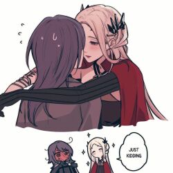 2girls @_@ angon623 arms_around_neck black_hair black_shirt blush cape chief_(path_to_nowhere) closed_eyes coat commentary eirene_(path_to_nowhere) english_text flying_sweatdrops full-face_blush grey_coat hashtag-only_commentary multiple_girls parted_lips path_to_nowhere purple_eyes red_cape shirt simple_background single_sleeve sparkle speech_bubble sweatdrop white_background white_hair yuri