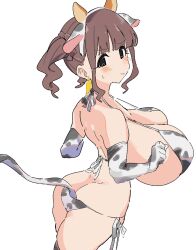 Rule 34 | 1girl, anal, anal beads, anal object insertion, anal tail, animal ear hairband, animal ears, animal print, ass, bare shoulders, bikini, black eyes, blush, breasts, brown hair, butt crack, butt plug, cleavage, commentary request, cow ears, cow girl, cow horns, cow print, cow print bikini, cow print gloves, cow tail, cowboy shot, ear tag, earrings, elbow gloves, embarrassed, fake animal ears, fake horns, fake tail, gloves, hairband, highres, horn hairband, horns, huge breasts, jewelry, median furrow, micro bikini, object insertion, original, osakana (kitasisn), print bikini, print gloves, side-tie bikini bottom, sidelocks, simple background, small sweatdrop, solo, standing, sugimori futaba (osakana), swimsuit, tail, twintails, white background