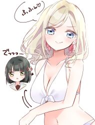 2girls bare_shoulders bikini black_hair blue_eyes blunt_bangs blunt_ends bob_cut breast_awe breasts ceras_yanagida_lilienfeld chibi chibi_inset cleavage closed_mouth collarbone commentary flower flower_knot front-tie_bikini_top front-tie_top green_eyes grey_hair hair_flower hair_ornament hair_ribbon hasu_no_sora_school_uniform heart large_breasts link!_like!_love_live! long_hair love_live! momose_ginko motion_lines multiple_girls pink_ribbon ribbon ririn_(ririn_501) sailor_collar school_uniform short_hair simple_background smile speech_bubble split_mouth spoken_heart swimsuit translation_request upper_body v-shaped_eyebrows virtual_youtuber white_background white_bikini white_flower white_sailor_collar winter_uniform