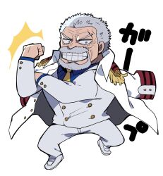 1boy blue_shirt buttons clenched_hand clenched_teeth coat coat_on_shoulders commentary_request facial_hair full_body grey_hair highres ikuchi_osutega jacket long_sleeves looking_at_viewer male_focus mature_male monkey_d._garp necktie one_piece pants shirt shoes short_hair solo teeth white_coat white_jacket white_pants white_shoes yellow_necktie
