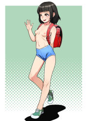 1girl arm_behind_back backpack bag black_hair blue_shorts breasts brown_eyes full_body green_shoes highres j7w large_variant_set loli looking_ahead medium_hair nipples open_mouth original polka_dot polka_dot_background randoseru shadow shoes shorts small_breasts smile sneakers solo standing standing_on_one_leg topless_female variant_set