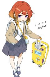 1girl absurdres alternate_costume backpack bag bigkwl black_skirt bottle braid brown_jacket dated etorofu_(kancolle) full_body hat highres jacket kantai_collection long_sleeves looking_at_viewer open_mouth purple_eyes red_hair rolling_suitcase shirt short_hair skirt suitcase suspender_skirt suspenders twin_braids twitter_username water_bottle white_background white_shirt
