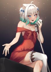 1girl absurdres ahoge blue_bow blue_eyes bow breasts cleavage covered_navel crossed_legs dress drunktatsu green_hair hair_bow highres holding holding_microphone indie_virtual_youtuber looking_at_viewer microphone mint_fantome multicolored_hair open_mouth red_dress short_hair single_thighhigh small_breasts smile streaked_hair teeth thighhighs upper_teeth_only virtual_youtuber white_hair white_thighhighs