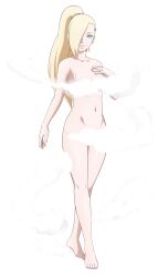 Rule 34 | 1girl, absurdres, barefoot, blonde hair, blue eyes, boruto: naruto next generations, breasts, cleavage, collarbone, convenient censoring, hair ornament, hair over one eye, hairclip, hands on own breasts, highres, legs, long hair, looking at viewer, mature female, medium breasts, naruto (series), nude, smile, thighs, toadd95, yamanaka ino