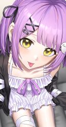 1girl absurdres bandaged_leg bandages blunt_bangs blush close-up collarbone commentary_request couch dress dress_ribbon eden_(edenaldojj) flat_chest frilled_dress frills from_above ghost_hair_ornament hair_ornament hair_ribbon highres jacket jacket_partially_removed long_sleeves looking_at_viewer loungewear on_couch open_clothes open_jacket purple_hair ribbon shinomiya_runa shinomiya_runa_(1st_costume) short_dress short_hair sidelocks sitting sleeveless sleeveless_dress sleeves_past_fingers sleeves_past_wrists solo tongue tongue_out two_side_up virtual_youtuber vspo! white_dress x_hair_ornament yellow_eyes