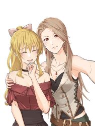 2girls armpits belt black_choker black_shirt blonde_hair blush bow breasts brown_belt brown_hair choker cleavage closed_eyes commentary_request cow earrings granblue_fantasy hair_bow hand_on_another&#039;s_shoulder hand_to_own_mouth highres jewelry katalina_(granblue_fantasy) light_blush light_smile looking_at_viewer medium_breasts midriff_peek miso-ha_(ukyuu) multiple_girls pink_bow ponytail red_eyes selfie shirt sidelocks smile strapless vira_(granblue_fantasy) white_background