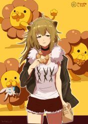 1girl animal_ears arknights blush breasts choker cleavage donut food food_on_face grey_eyes highres holding holding_donut holding_food lion_ears long_hair mister_donut pon_de_lion red_shorts shirt shorts siege_(arknights) signature solo species_connection white_shirt yellow_background yuki_ahiru