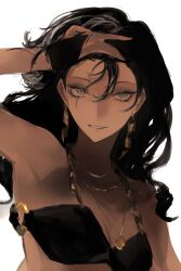 Rule 34 | 1girl, adjusting hair, armpits, bikini, black bikini, black hair, breasts, brown eyes, centurion (reverse:1999), cleavage, dark-skinned female, dark skin, grin, hand in own hair, hand on own head, hand up, highres, jewelry, long hair, looking at viewer, medium breasts, necklace, reverse:1999, sketch, smile, solo, swimsuit, upper body, waffle820