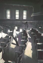 2girls absurdres black_hair black_horns black_pants chair closed_mouth dress hands_in_pockets highres horns long_hair multiple_girls on_chair original pants shirt single_horn sorrowny standing standing_on_chair white_dress white_shirt window