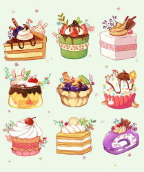 banana banana_slice cake cake_slice cashew cherry chinese_commentary chocolate_syrup commentary_request cupcake fern food food_focus fruit fruit_tart grapes green_background highres kiwi_(fruit) kiwi_slice matcha_(food) no_humans nut_(food) orange_(fruit) orange_slice original rabbit sprinkles strawberry strawberry_slice swiss_roll tart_(food) whipped_cream xiaoni