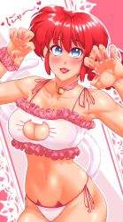 1girl absurdres blue_eyes blush bra braid breasts cat_cutout cat_ear_panties cat_lingerie cat_tail claw_pose cleavage cleavage_cutout clothing_cutout cowboy_shot fang frills genderswap genderswap_(mtf) heart highres large_breasts lingerie meme_attire nail_polish navel omiiverse panties ranma-chan ranma_1/2 red_hair saotome_ranma scrunchie shiny_skin side-tie_panties single_braid solo tail underwear wrist_scrunchie