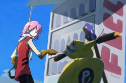 1girl flcl gloves guitar haruhara_haruko instrument motor_vehicle pink_hair scooter tagme vending_machine vespa