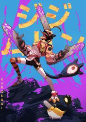 absurdres ahoge bandaid bandaid_on_knee bandaid_on_leg black_shorts blood blue_background brown_hair chainsaw chainsaw_man character_name commentary cosplay denji_(chainsaw_man) denji_(chainsaw_man)_(cosplay) dual_wielding english_commentary full_body gigi_murin gigi_murin_(1st_costume) grem_(gigi_murin) highres holding hololive hololive_english huge_ahoge long_sleeves long_tongue open_mouth orange_shrug orange_thighhighs pochita_(chainsaw_man) pochita_(chainsaw_man)_(cosplay) purple_background purple_blood pyrokuro sharp_teeth shirt shoes shorts single_thighhigh standing striped_clothes striped_thighhighs teeth thighhighs thighs tongue tongue_out white_shirt white_shoes