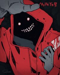 1boy artist_name axeman_(toshi_densetsu_kaitai_center) black_background blood bloody_knife coat commentary_request face_in_shadow hands_up holding holding_knife hood hood_up hooded_coat horror_(theme) knife looking_at_viewer male_focus red_coat seikoo_caffeine smile solo teeth toshi_densetsu_kaitai_center translation_request upper_body white_eyes