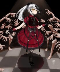 1girl black_corset black_footwear black_hair black_nails black_ribbon black_thighhighs closed_mouth corset doll doll_joints dress hair_ornament highres hololive hololive_english jewelry joints long_hair looking_at_viewer multicolored_hair nebradisk neck_ribbon necklace official_alternate_costume ponytail red_dress ribbon shiori_novella shiori_novella_(casual) split-color_hair thighhighs two-tone_hair virtual_youtuber white_hair yellow_eyes