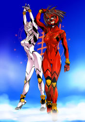 2girls arms_up black_hair blindfold bodysuit bracer breasts brown_hair cloud covered_erect_nipples covered_navel day ez6 from_side frown full_body hand_on_own_head head-mounted_display highres hip_focus interlocked_fingers large_breasts light_smile looking_to_the_side mask mecha_pilot_suit multiple_girls narrow_waist non-web_source original outdoors own_hands_together petals plugsuit_(evangelion) red_eyes scan short_hair skin_tight sky smile standing stretching thigh_gap thighs tiptoes white_hair