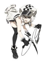 1girl absurdres animal_ear_fluff animal_ears arknights bent_over black_gloves black_shoes black_thighhighs breasts cliffheart_(arknights) fang full_body gloves grey_eyes hat highres ice_axe jacket jewelry leopard_ears leopard_girl leopard_tail looking_at_viewer multicolored_hair necklace open_mouth shirt shoes short_hair simple_background single_sock single_thighhigh sleeveless sleeveless_jacket small_breasts sneakers socks solo streaked_hair tail thighhighs v-shaped_eyebrows white_background white_hat white_jacket white_shirt white_socks wqdofjpeqs63235