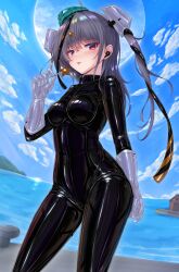 1girl alternate_costume aqua_hat black_bodysuit black_ribbon blue_sky bodysuit breasts candy day food garrison_cap gloves grey_hair hair_ornament hat headgear highres holding holding_candy holding_food kantai_collection latex latex_bodysuit lollipop long_hair medium_breasts ocean outdoors red_eyes ribbon riretsuto scamp_(kancolle) shiny_clothes skin_tight sky solo standing star_(symbol) star_hair_ornament very_long_hair white_gloves
