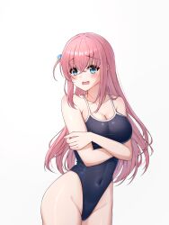 1girl absurdres blue_eyes blue_one-piece_swimsuit bocchi_the_rock! breasts cleavage commentary competition_school_swimsuit covered_navel crossed_arms cube_hair_ornament english_commentary gotoh_hitori hair_between_eyes hair_ornament highleg highleg_one-piece_swimsuit highres illisimonin large_breasts long_hair looking_at_viewer negative_space one-piece_swimsuit one_side_up open_mouth pink_hair school_swimsuit simple_background solo swimsuit white_background