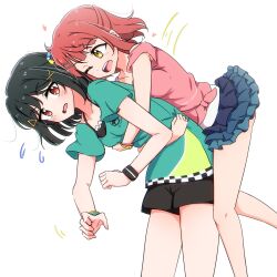 2girls bangle bare_shoulders black_hair black_shorts blue_skirt bracelet breast_press breasts breasts_on_another&#039;s_back collarbone fang feet_out_of_frame flying_sweatdrops frilled_skirt frills green_shirt hair_ornament hairclip heart hichi_(asa_makudo) highres hug hug_from_behind jewelry jumping love_live! love_live!_nijigasaki_high_school_idol_club medium_breasts medium_hair mifune_shioriko miniskirt motion_lines multiple_girls official_alternate_costume orange_eyes orange_hair parallel_hairclips pink_shirt shirt short_shorts shorts simple_background skirt speed_lines tank_top tied_shirt triangle_hair_ornament uehara_ayumu white_background white_tank_top wristband x_hair_ornament yellow_eyes