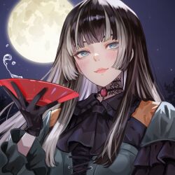 1girl alcohol ascot black_ascot black_choker black_dress black_gloves black_hair blue_eyes blunt_bangs blunt_ends blush brooch choker cup dhbwinner dress full_moon gem gloves green_dress highres holding holding_cup hololive hololive_dev_is jewelry juufuutei_raden juufuutei_raden_(1st_costume) lace lace_choker moon night pink_lips portrait red_gemstone sakazuki sky solo splashing star_(sky) starry_sky two-tone_dress virtual_youtuber white_hair