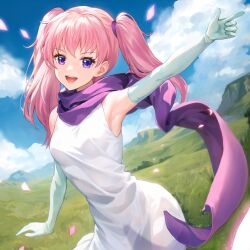 1girl :d arm_up armpits bare_shoulders blue_sky cloud commentary cowboy_shot day dress elbow_gloves fire_emblem fire_emblem:_the_blazing_blade gloves highres jurge long_hair looking_at_viewer nintendo open_mouth outdoors pink_hair purple_eyes purple_scarf scarf serra_(fire_emblem) sky sleeveless sleeveless_dress smile solo standing twintails white_gloves