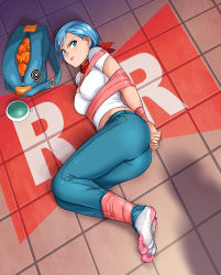 Rule 34 | 1girl, abduction, absurdres, ass, bdsm, belly, blue eyes, blue hair, bondage, bound, bound ankles, bound wrists, breasts, bulma, cleavage, denim, dragon ball, dragon ball (object), dragon ball super, dragon radar, earrings, feet, highres, jeans, jewelry, kidnapped, lipstick, lost one zero, makeup, navel, pants, scarf, shadow, shirt, socks, tape, tape bondage, white shirt
